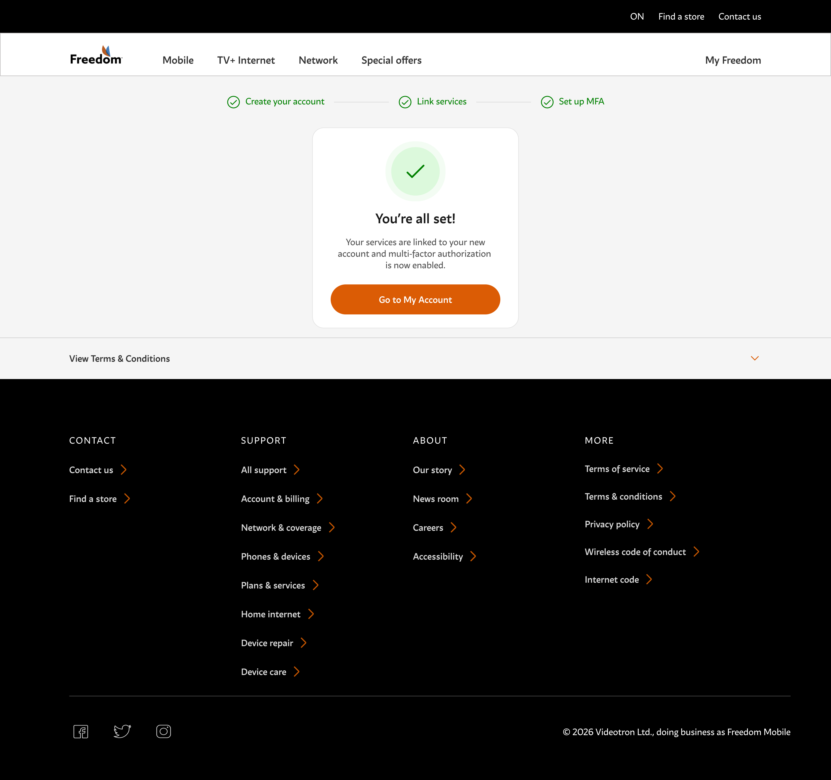 You're all set confirmation screen with a green checkmark.