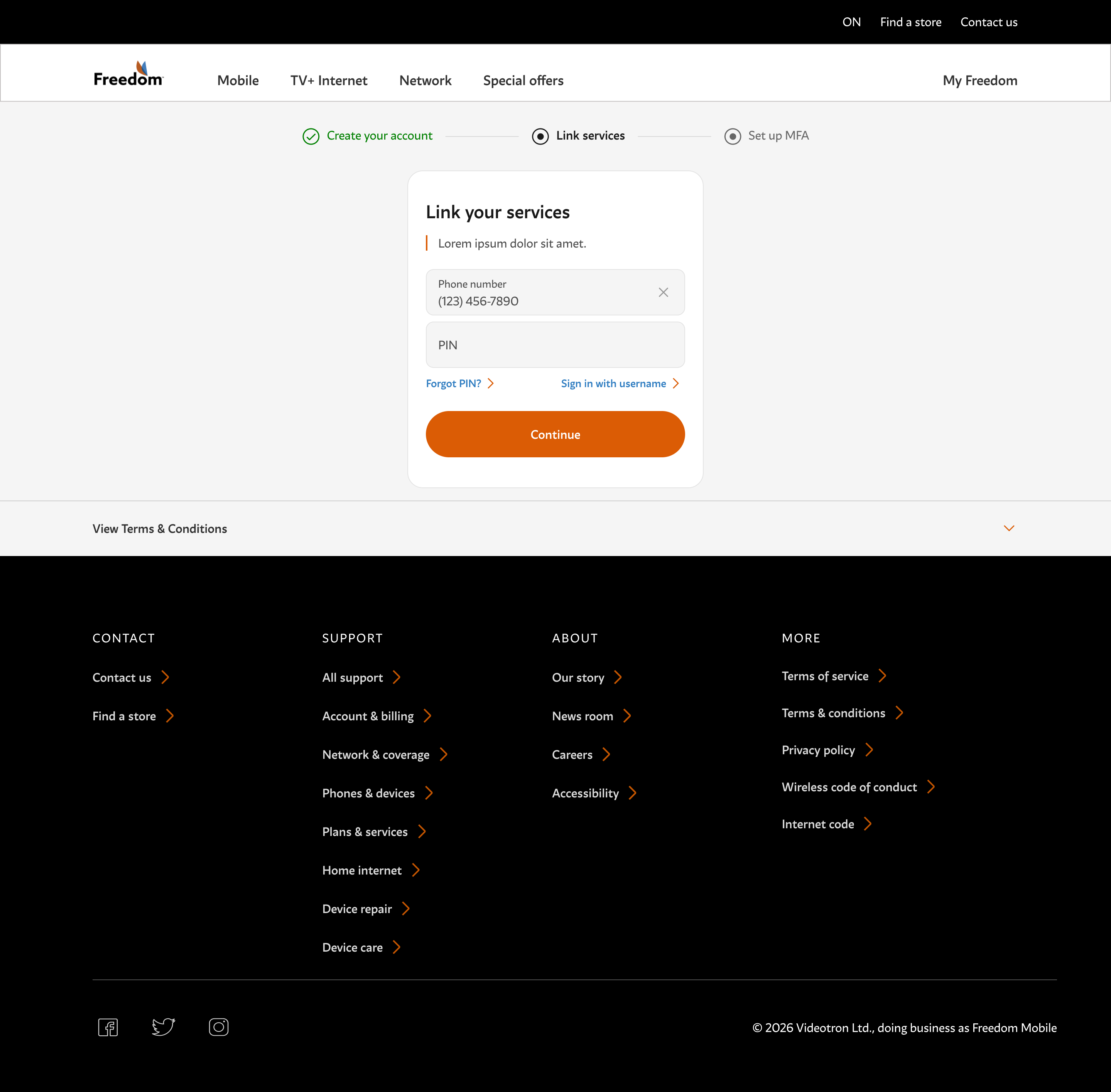 Link your services screen with phone number and PIN entered.
