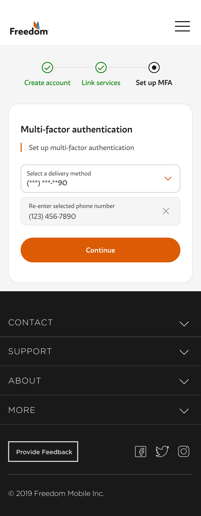 MFA method picker showing Email and SMS options.